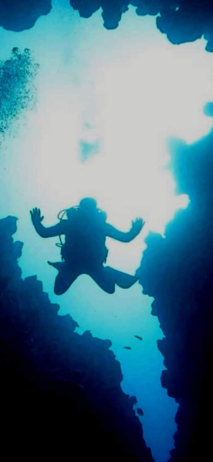 The Canyon dive site in Dahab, dramatic light through a coral rift